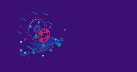 Naklejka premium Pink lifebuoy symbol on a pedestal of abstract geometric shapes floating in the air. Abstract concept art with flying shapes on the left. 3d illustration on deep purple background