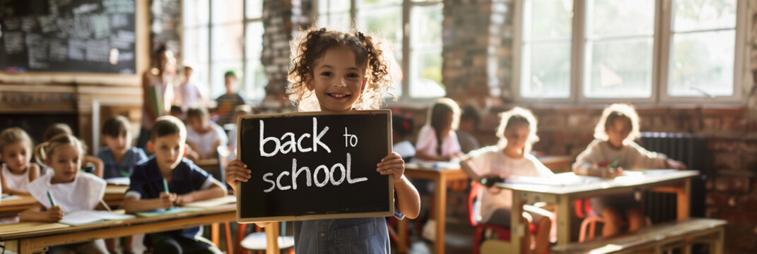 A young girl holding a large sign that says "back to school" stands in front of her classroom full of children sitting at desks and smiling for the camera