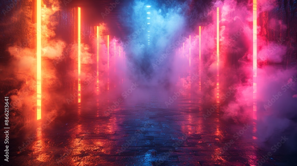Poster A neon-lit stage with smoke machines creating a dramatic and colorful effect.