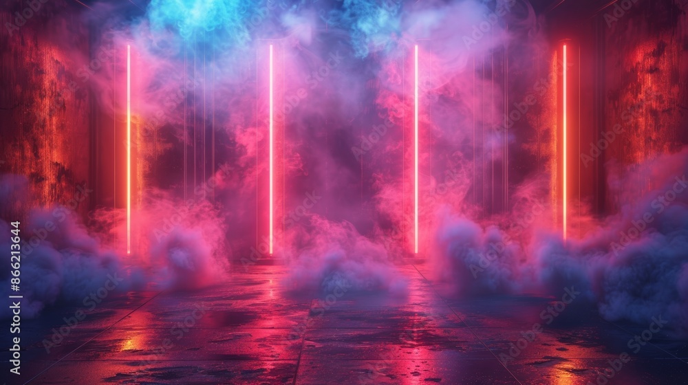 Poster A neon-lit stage with smoke machines creating a dramatic and colorful effect.