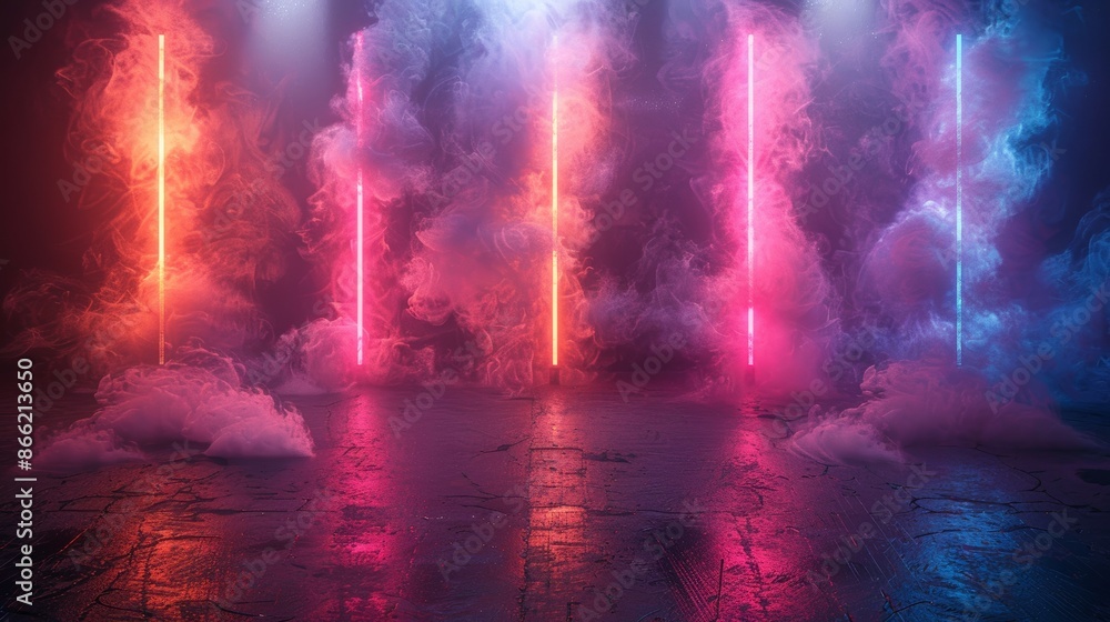 Poster a neon-lit stage with smoke machines creating a dramatic and colorful effect.