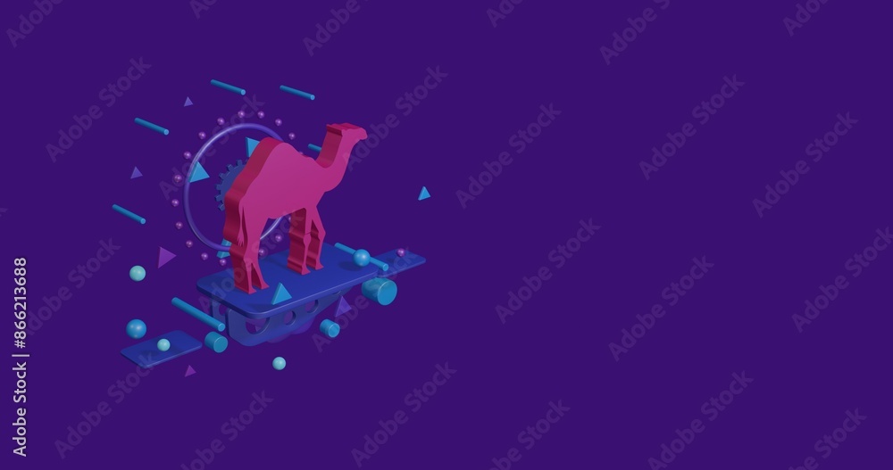 Poster pink camel symbol on a pedestal of abstract geometric shapes floating in the air. abstract concept a