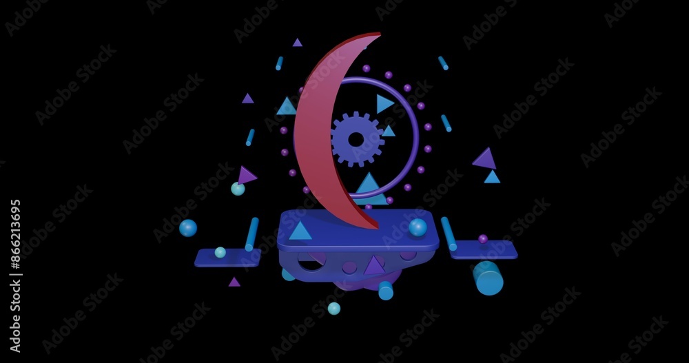 Poster red crescent symbol on a pedestal of abstract geometric shapes floating in the air. abstract concept
