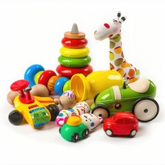 Obraz premium Children's colorful toys made from environmentally friendly materials, isolated, on a white background, close-up. Illustration for advertising children's toys, printing on fabric, paper, packaging.