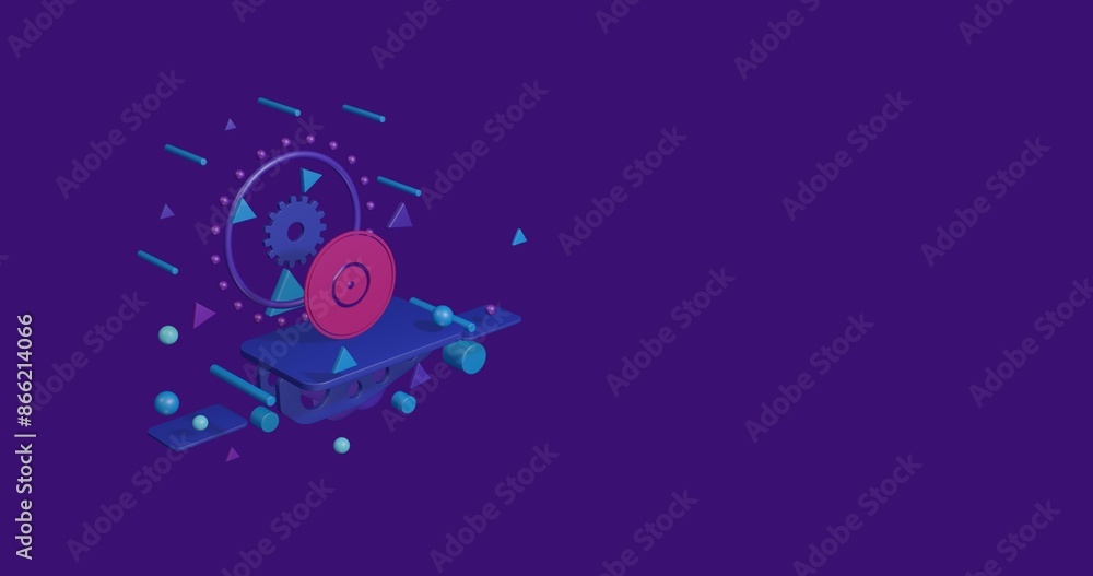 Poster pink gramophone record symbol on a pedestal of abstract geometric shapes floating in the air. abstra