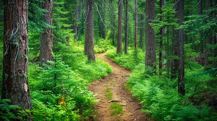 Fototapeta premium A path winding through a forest of tall spruce, fir, and pine trees, surrounded by vibrant green foliage