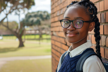 Beautiful black high school girl wearing glasses and carrying a backpack