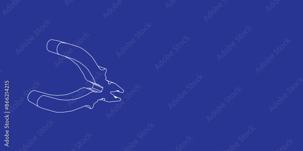 Poster the outline of a large pliers symbol made of white lines on the left. 3d view of the object in persp