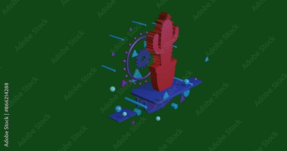 Poster red cactus symbol on a pedestal of abstract geometric shapes floating in the air. abstract concept a