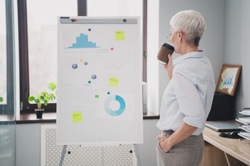Photo of attractive good mood age lady recruiter dressed formal shirt drinking tea leading seminar indoors workplace workstation