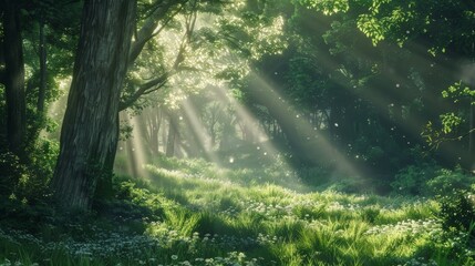 Obraz premium A peaceful forest clearing with rays of sunlight streaming through, creating a serene and calming effect