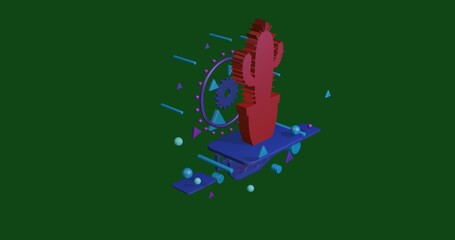 Red cactus symbol on a pedestal of abstract geometric shapes floating in the air. Abstract concept art with flying shapes in the center. 3d illustration on green background