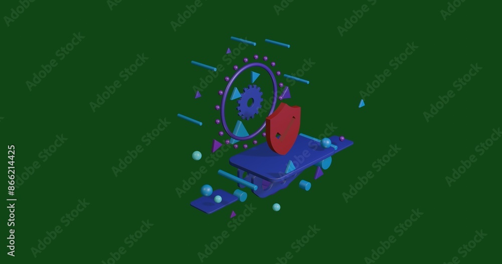 Poster red protection mark symbol on a pedestal of abstract geometric shapes floating in the air. abstract 