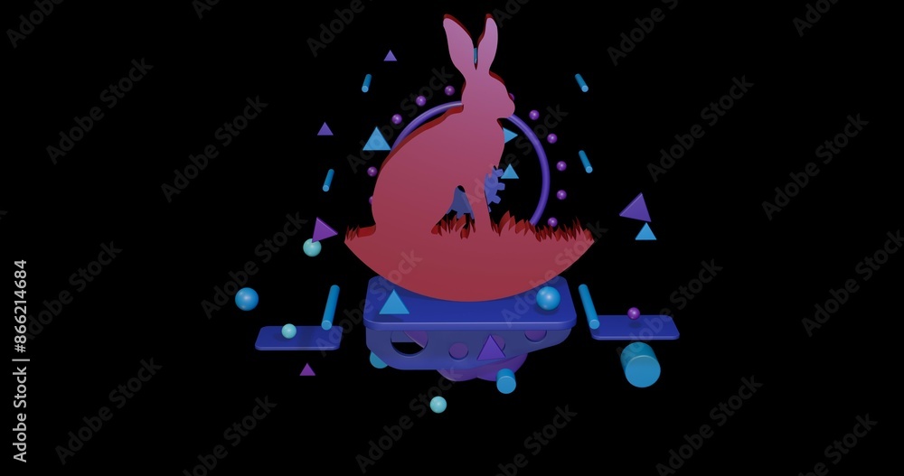 Poster red hare symbol on a pedestal of abstract geometric shapes floating in the air. abstract concept art