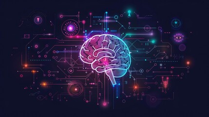Abstract digital illustration of a brain on a circuit board with glowing neon lines.