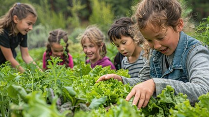 Group of children happily harvesting fresh lettuce in a lush green garden, enjoying nature and learning about sustainable farming.
