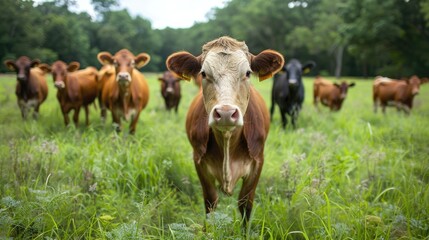 Group of cows standing in a green pasture, with trees in the background, under a cloudy sky. Rural farm landscape scene.