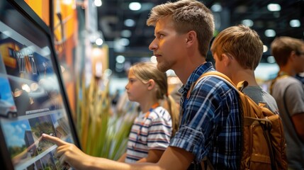 Group of young people interacting with touchscreen technology at a public event or exhibition, viewing images and information.