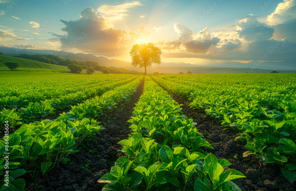 Poster a field of green plants with a tree in the middle. the sun is shining brightly, creating a warm and 
