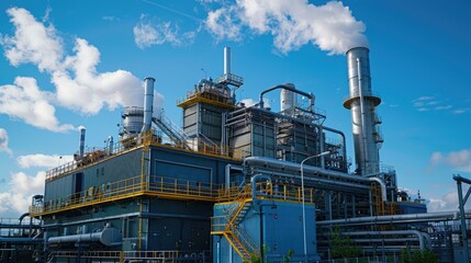 Industrial power plant with blue sky and white clouds background, showcasing modern energy infrastructure and technology.
