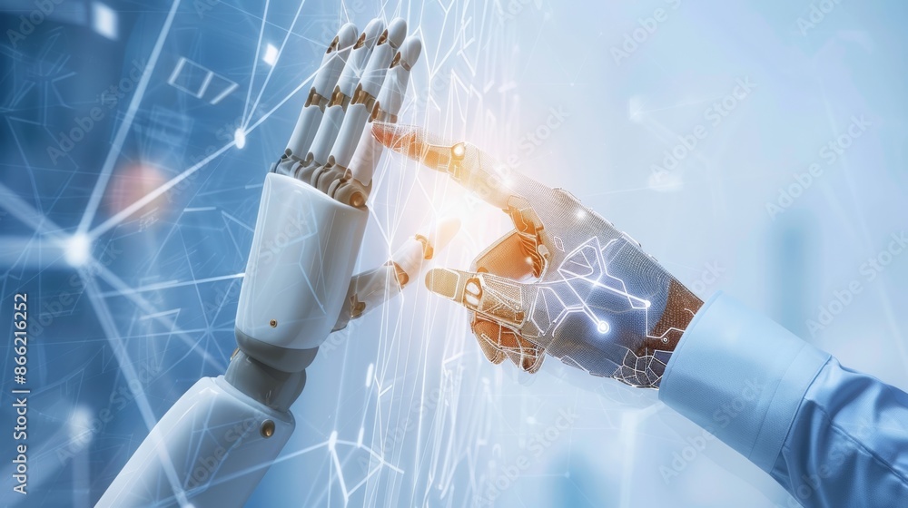 Poster a robot hand and human hand touching amidst a matrix of digital code and network connections, repres