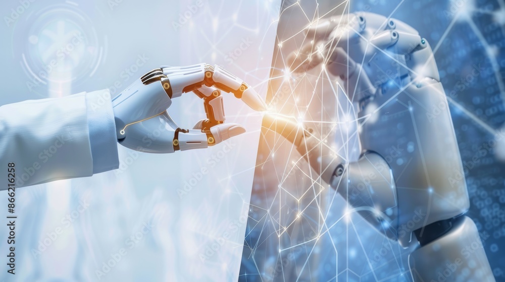 Aufkleber A robot hand and human hand touching, with a digital network overlay, symbolizing artificial intelligence and technological innovation