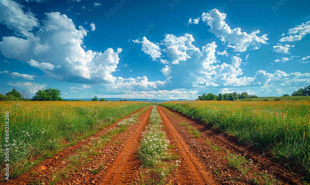 Poster a field of grass with a dirt road running through it. the sky is blue with some clouds