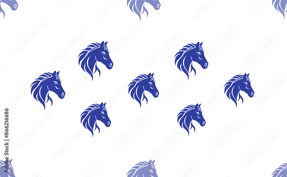 Poster seamless pattern of large isolated blue horse's head symbols. the pattern is divided by a line of el