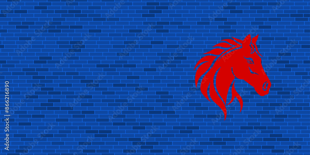 Wall mural blue brick wall with large red horse's head symbol. the symbol is located on the right, on the left 