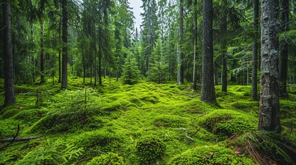 Fototapeta premium A serene forest scene with healthy green trees, a mix of spruce, fir, and pine, and a carpet of moss covering the ground
