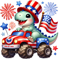 Obraz premium Watercolor T-Rex in patriotic attire driving a monster truck adorned with American flag colors and stars celebrating Independence Day. Clipart on Transparent Background.