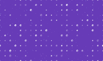 Seamless background pattern of evenly spaced white dragon's head symbols of different sizes and opacity. Vector illustration on deep purple background with stars