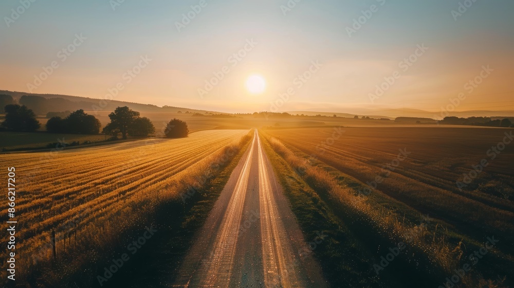 Poster a serene rural road with fields on either side, the sunset creating long shadows and a peaceful atmo