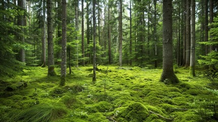 A serene forest scene with healthy green trees, a mix of spruce, fir, and pine, and a carpet of moss covering the ground