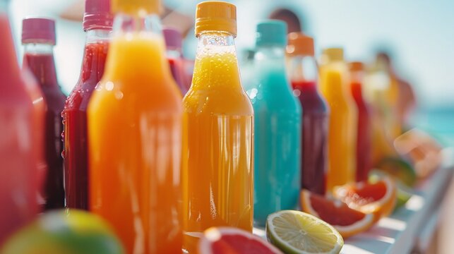 A vibrant video for a new line of organic juices, featuring colorful fruits being juiced and poured into bottles, with people enjoying the drinks in various outdoor settings