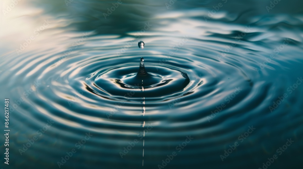Aufkleber a single clear water drop falling into a calm blue surface, creating perfect circular ripples spread