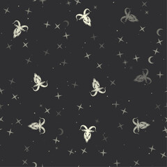 Seamless pattern with stars, goat symbols on black background. Night sky. Vector illustration on black background