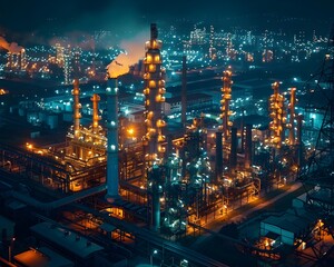Fototapeta premium Aerial View of Illuminated Oil Refinery at Night with Industrial Facilities and Cityscape