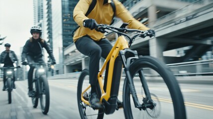 A dynamic commercial for a new electric bike, showing people riding the bike through city streets, parks, and trails, highlighting its features and ease of use