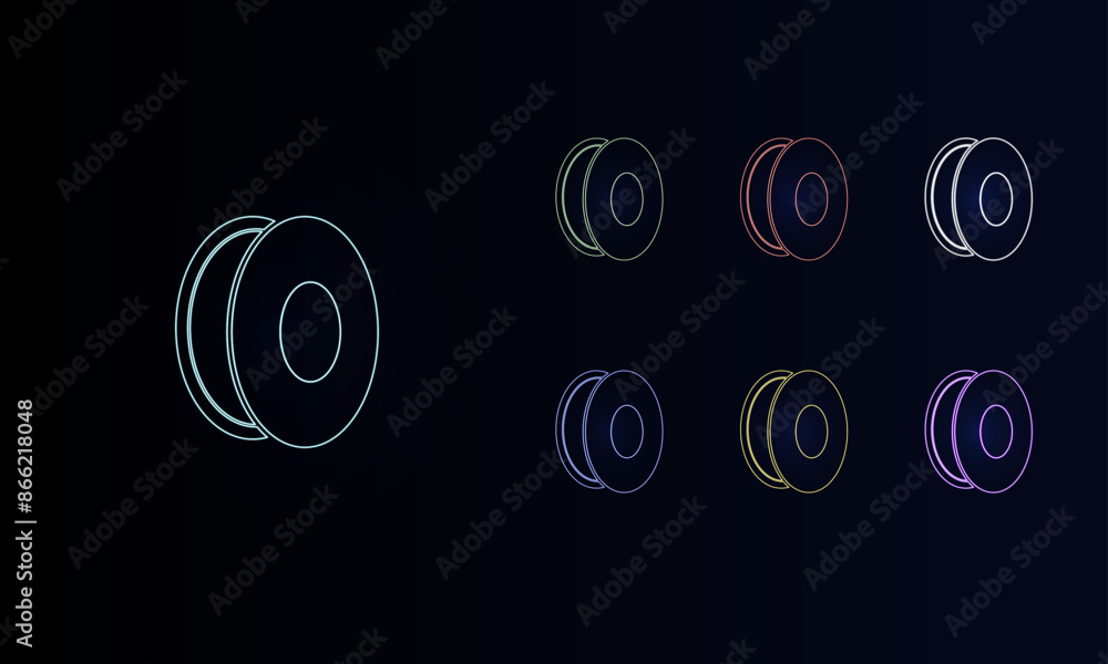 Poster a set of neon 3d printing filament symbols. set of different color symbols, faint neon glow. vector 