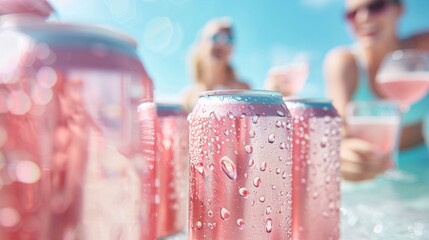 A refreshing advertisement for a new line of flavored sparkling water, featuring people enjoying the drinks at a beach party, with close-ups of the cans and the refreshing bubbles