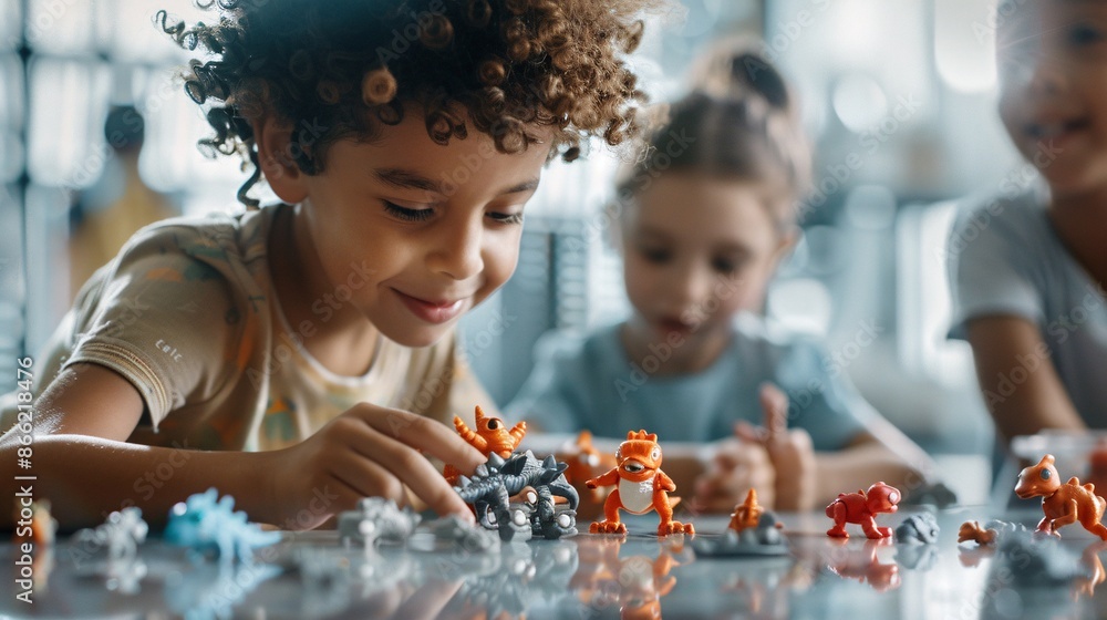 Poster a dynamic advertisement for a new line of action figures, featuring kids playing with the figures in