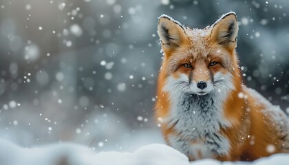 Red fox in the snow with snowflakes on its back