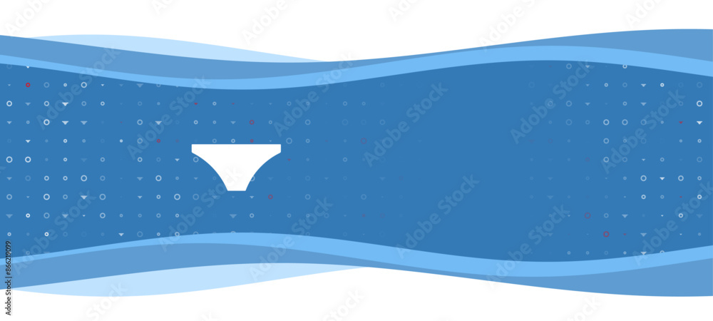 Poster blue wavy banner with a white women's underpants symbol on the left. on the background there are sma