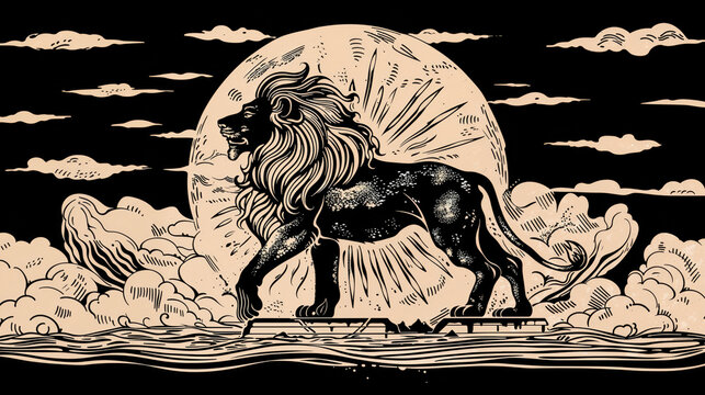 Black and white leo zodiac sign illustration against moon and clouds