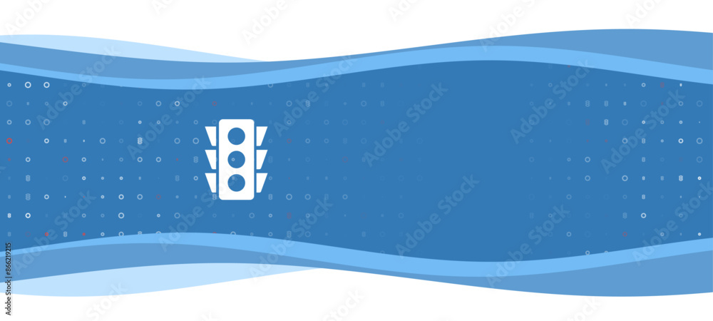 Poster blue wavy banner with a white traffic lights symbol on the left. on the background there are small w