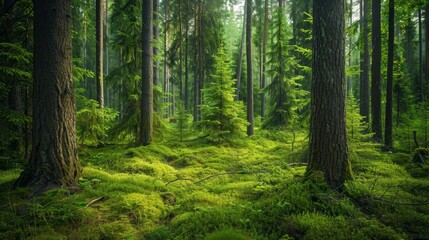 Fototapeta premium A vibrant green forest with a variety of old spruce, fir, and pine trees, and a peaceful, serene atmosphere