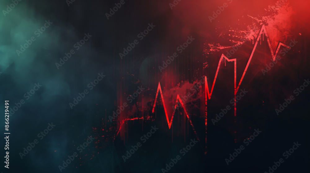 Poster dark background with bright red stock market chart. digital screen with a red histogram showing the 