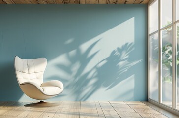 Modern minimalist interior with sunlight casting shadows on a light blue wall