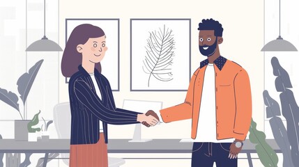 Fototapeta premium A welcoming scene with a young manager shaking hands with a new employee, symbolizing a positive start in a collaborative workspace